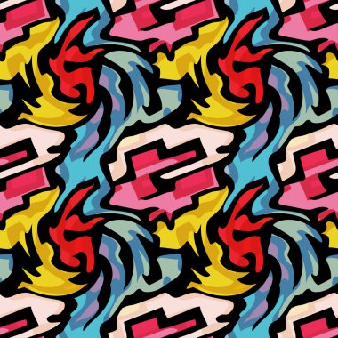 Grafiti parlak psychedelic Dikişsiz desen bir siyah arka plan vektör çizim üzerinde