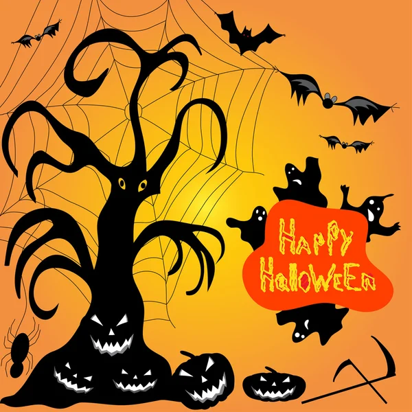 Halloween fantasma zucca pipistrelli ragnatele vettoriale illustrazione — Vettoriale Stock
