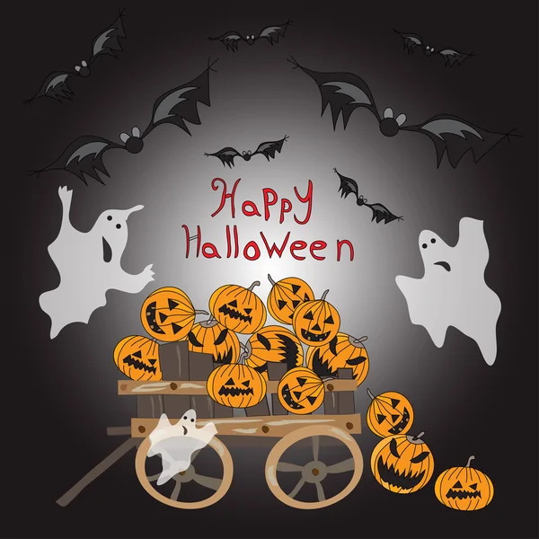 Halloween zucca in un carro pipistrelli profumo vettoriale illustrazione — Vettoriale Stock