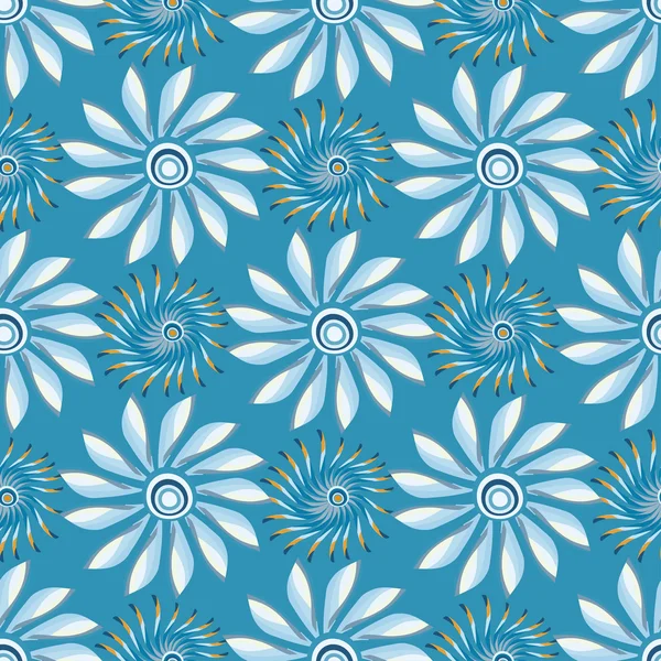 Bright abstract flowers on a blue background seamless pattern vector illustration — Stock Vector