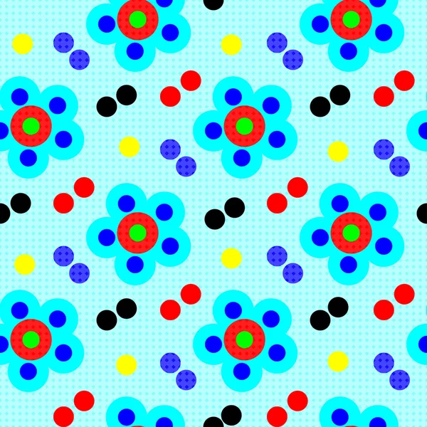 Abstracto flores psicodélicas sobre fondo azul sin costuras patrón vector ilustración — Vector de stock