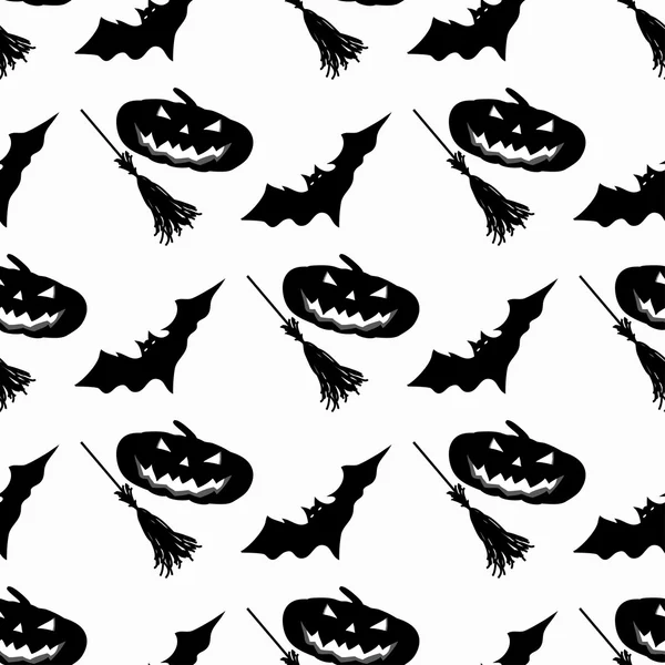 Balai et chauves-souris citrouille monochrome motif sans couture illustration vectorielle — Image vectorielle