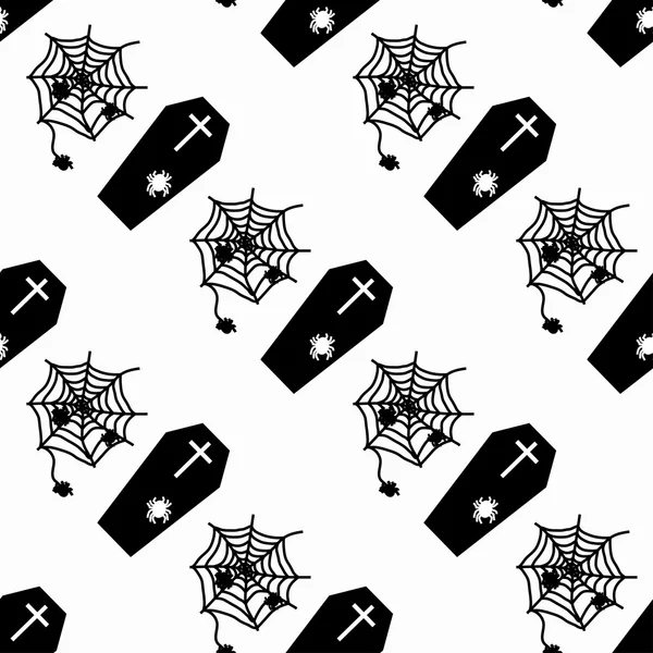 Monochrome coffins and cobweb on white background seamless pattern vector illustration — Stock Vector