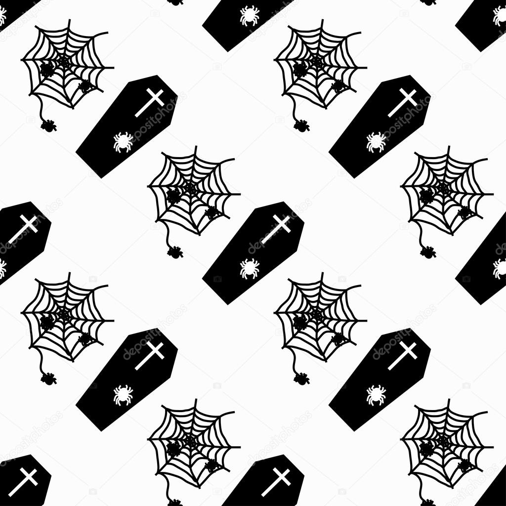 monochrome coffins and cobweb on white background seamless pattern vector illustration