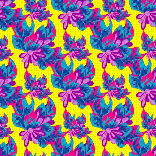 Flores abstractas psicodélicas sobre un fondo amarillo ilustración vector patrón sin costuras — Archivo Imágenes Vectoriales