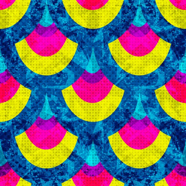 Blue yellow and pink geometric objects on blue background seamless pattern vector illustration grunge effect — Stockvector