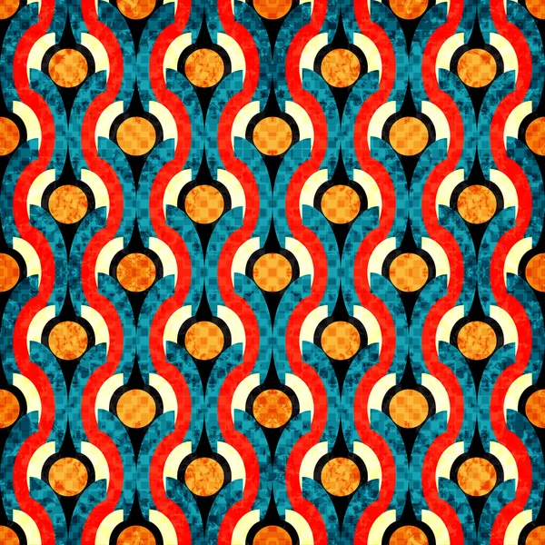 Cercles colorés et lignes sans couture motif géométrique vectoriel illustration effet grunge — Image vectorielle