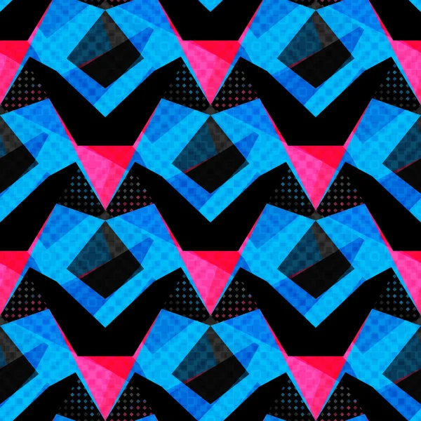 Blue pink and black polygons on a dark background seamless pattern — Stock Vector