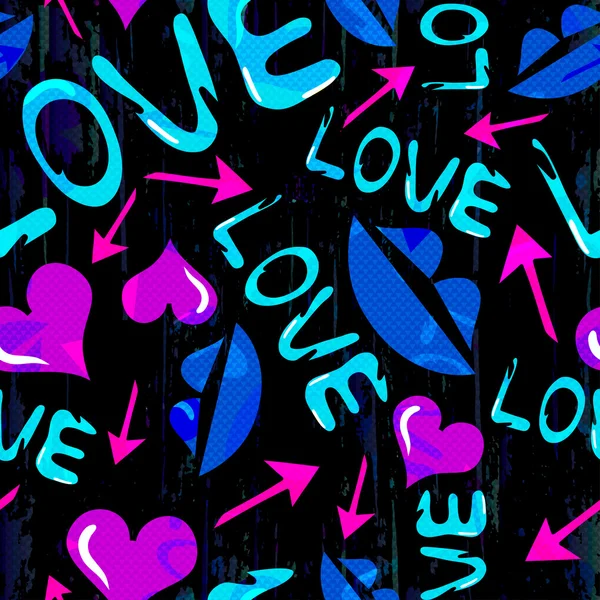 Graffiti Valentine den na černém pozadí bezešvé pozadí — Stockový vektor