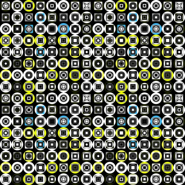 Цветные круги и квадраты на черном фоне бесшовная векторная иллюстрация шаблона — стоковый вектор