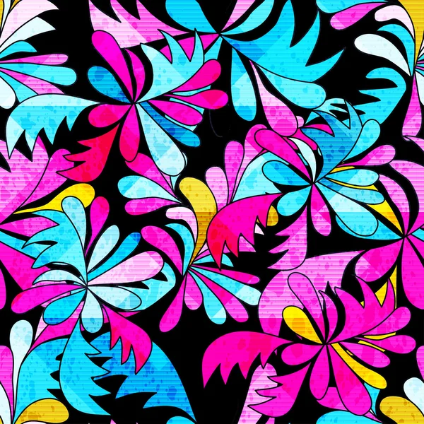 Flores abstractas de colores brillantes sobre un fondo negro ilustración vectorial patrón sin costuras — Vector de stock