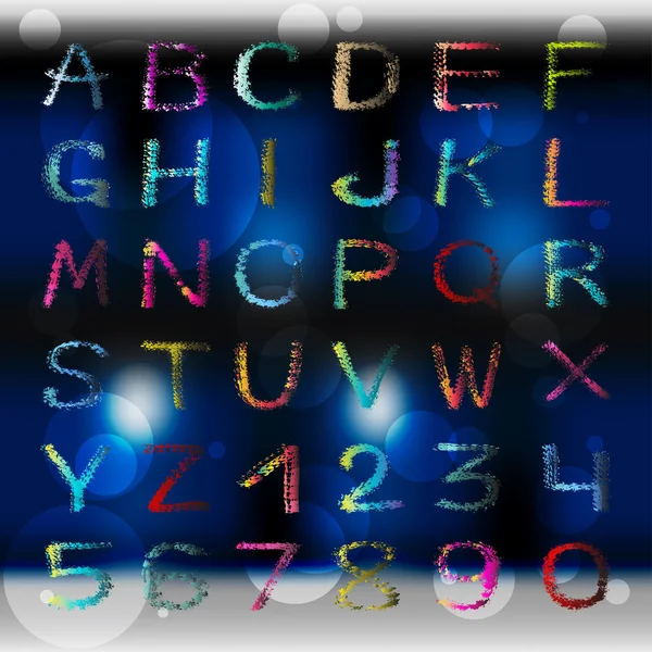 Farbiges Graffiti-Alphabet und Zahlen auf einem schönen farbigen Hintergrund Vektor-Illustration — Stockvektor