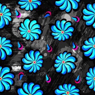 siyah bir arka plan sorunsuz soyut mavi çiçek grunge doku desen