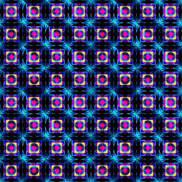 Pequenos círculos coloridos e polígonos em um fundo preto sem costura padrão — Vetor de Stock