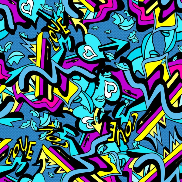 Líneas de graffiti psicodélico y el corazón sobre un fondo blanco sin costuras ilustración vector patrón — Vector de stock