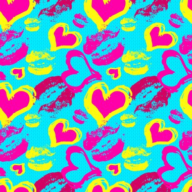 dudaklar ve kalpleri bir mavi arka plan sorunsuz vektör desen