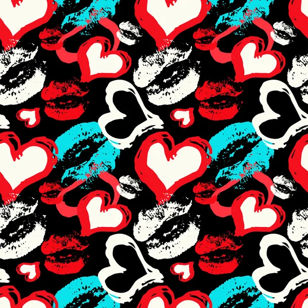 Colored hearts and lips on a black background seamless pattern — Stock Vector