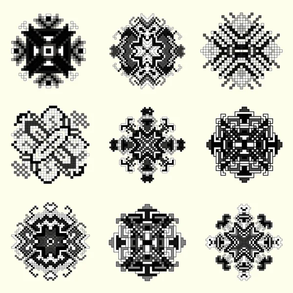 Monochrome pixel mandala collection of vintage objects — Stock Vector