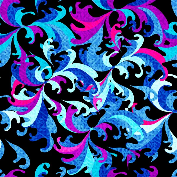 Psychedelic abstract flowers on a black background seamless pattern — Stock Vector