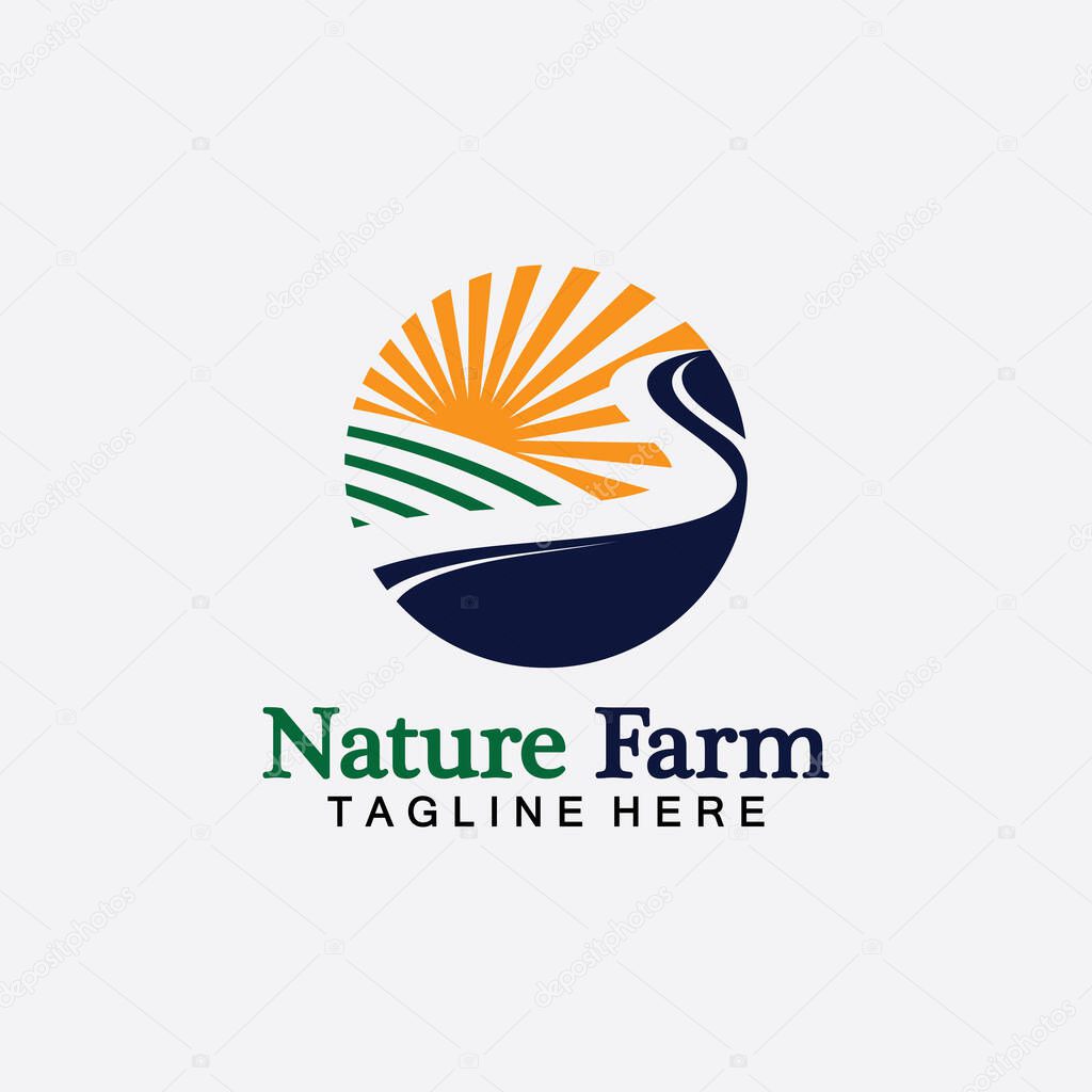 Nature Farm and farming vector logo illustration design. sun farm.Isolated illustration of fields  farm landscape and sun. Concept for agriculture ,harvesting ,natural farm,  organic products.