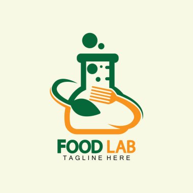 Gıda Laboratuvarı logo vektör çizim şablonu. Laboratuvar logosu. Kaşık ve çatalla test tüpü..