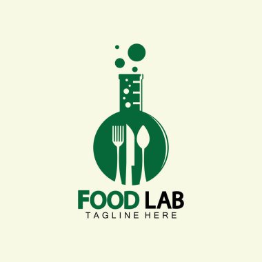 Gıda Laboratuvarı logo vektör çizim şablonu. Laboratuvar logosu. Kaşık ve çatalla test tüpü..