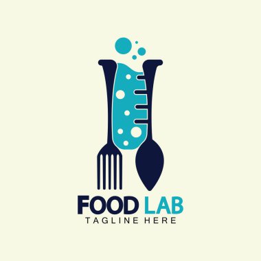 Gıda Laboratuvarı logo vektör çizim şablonu. Laboratuvar logosu. Kaşık ve çatalla test tüpü..