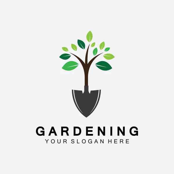 Kürek ikonlu bahçe logosu ve yeşil yapraklı ağaç logo şablonu.
