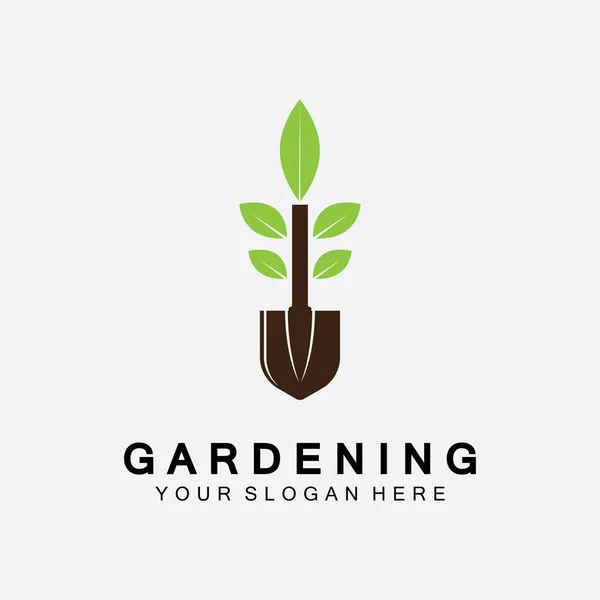 Kürek ikonlu bahçe logosu ve yeşil yapraklı ağaç logo şablonu.