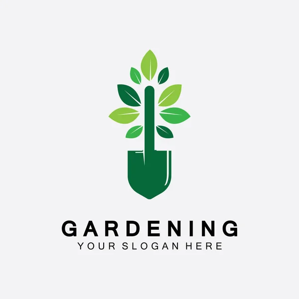 Kürek ikonlu bahçe logosu ve yeşil yapraklı ağaç logo şablonu.