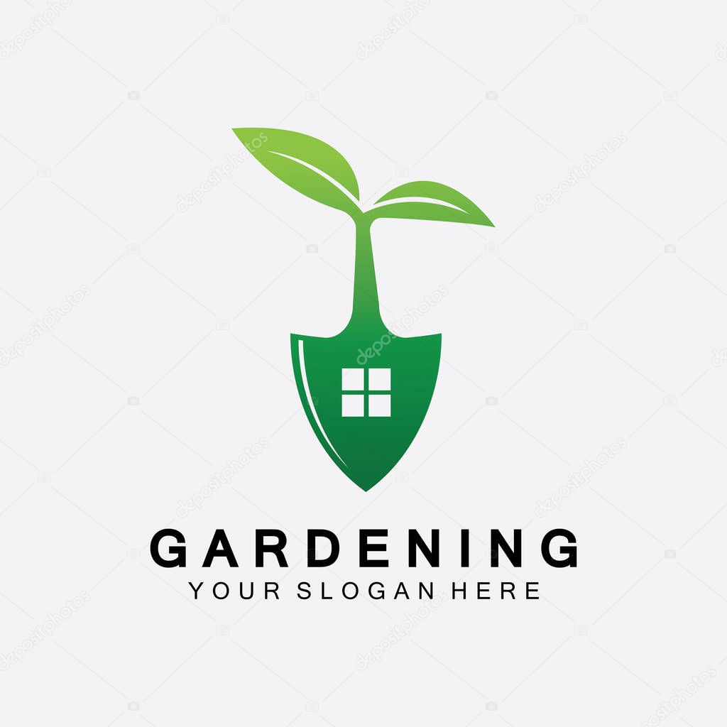 Gardening logo with shovel icon and tree with green leaves logo template.