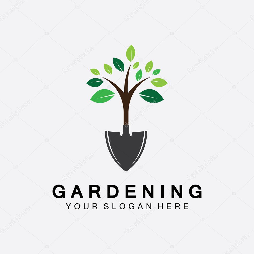 Gardening logo with shovel icon and tree with green leaves logo template.