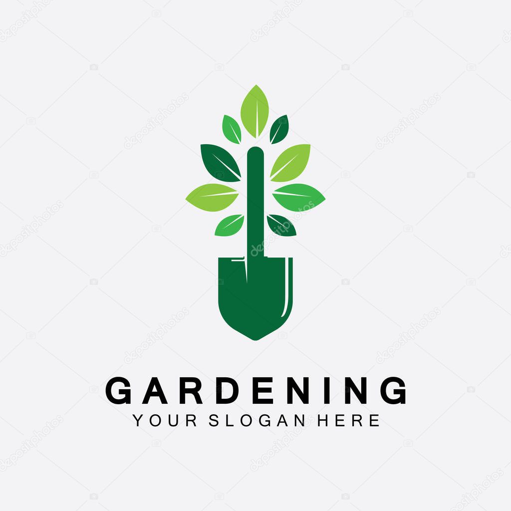 Gardening logo with shovel icon and tree with green leaves logo template.
