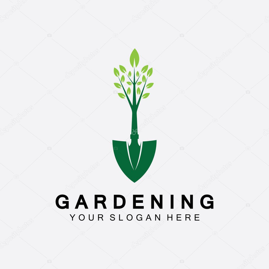 Gardening logo with shovel icon and tree with green leaves logo template.