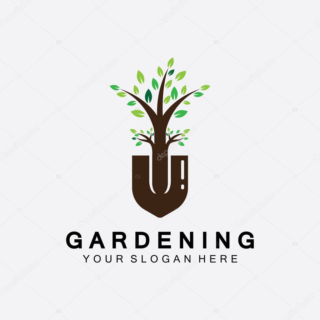 Gardening logo with shovel icon and tree with green leaves logo template.