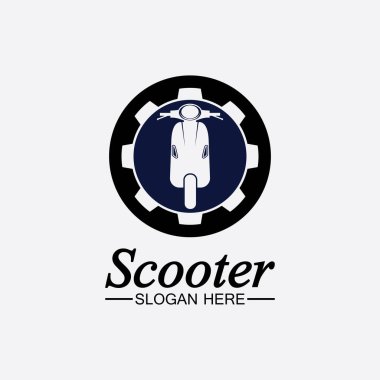 Moped scooter logo vektör illüstrasyon tasarım şablonu. Retro motorlar ve scooterlar kulüp logosu. Klasik scooter amblemleri, simgeler ve rozetler..