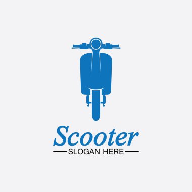 Moped scooter logo vektör illüstrasyon tasarım şablonu. Retro motorlar ve scooterlar kulüp logosu. Klasik scooter amblemleri, simgeler ve rozetler..