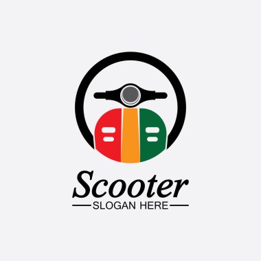 Moped scooter logo vektör illüstrasyon tasarım şablonu. Retro motorlar ve scooterlar kulüp logosu. Klasik scooter amblemleri, simgeler ve rozetler..
