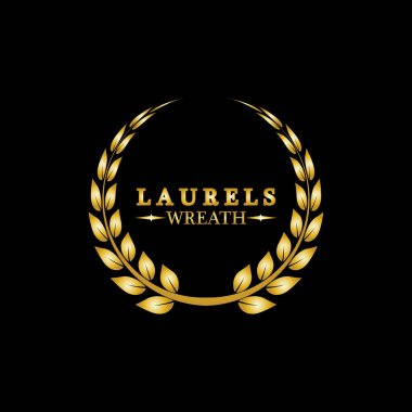 Altın defne çelengi. Zafer ve başarının sembolü. Madalya, ödül, arma ya da yıldönümü logosu için tasarım unsuru. Siyah arkaplanda altın yaprak silueti. Vektör illüstrasyonu