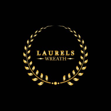 Altın defne çelengi. Zafer ve başarının sembolü. Madalya, ödül, arma ya da yıldönümü logosu için tasarım unsuru. Siyah arkaplanda altın yaprak silueti. Vektör illüstrasyonu