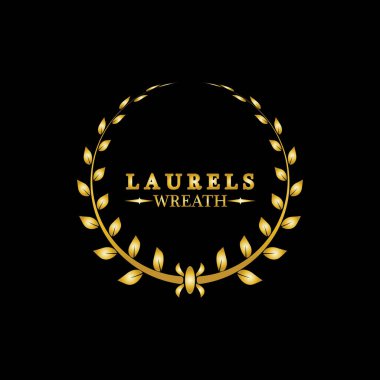 Altın defne çelengi. Zafer ve başarının sembolü. Madalya, ödül, arma ya da yıldönümü logosu için tasarım unsuru. Siyah arkaplanda altın yaprak silueti. Vektör illüstrasyonu