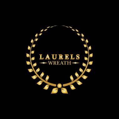 Altın defne çelengi. Zafer ve başarının sembolü. Madalya, ödül, arma ya da yıldönümü logosu için tasarım unsuru. Siyah arkaplanda altın yaprak silueti. Vektör illüstrasyonu