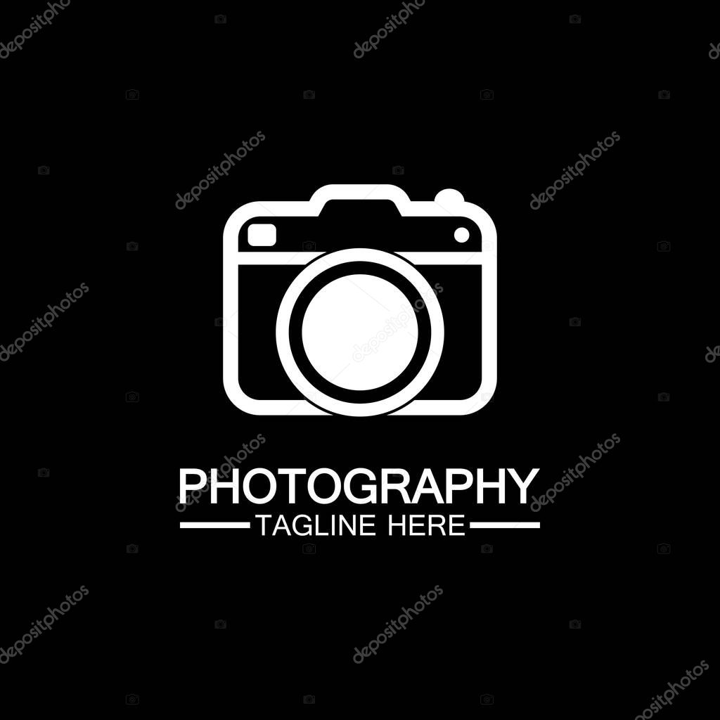 Photography camera logo icon vector design template isolated on black background