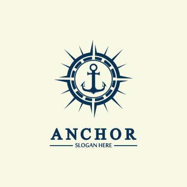 Anchor pusula konsepti logo vektör illüstrasyon tasarımı, deniz logosu şablonu. Arkaplanda düz tasarım biçimi.