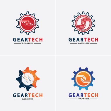 Teknik dişli logo vektör tasarım şablonu. Teknoloji Logosu Tasarım Vektörü, Amblem, Tasarım Konsepti, Yaratıcı Sembol, Simge Simgesi, Simge