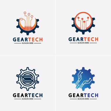 Teknik dişli logo vektör tasarım şablonu. Teknoloji Logosu Tasarım Vektörü, Amblem, Tasarım Konsepti, Yaratıcı Sembol, Simge Simgesi, Simge