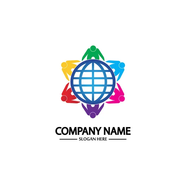 Logotipo Comunidad Mundial Con Personas Globo Vector Diseño Ilustración — Archivo Imágenes Vectoriales