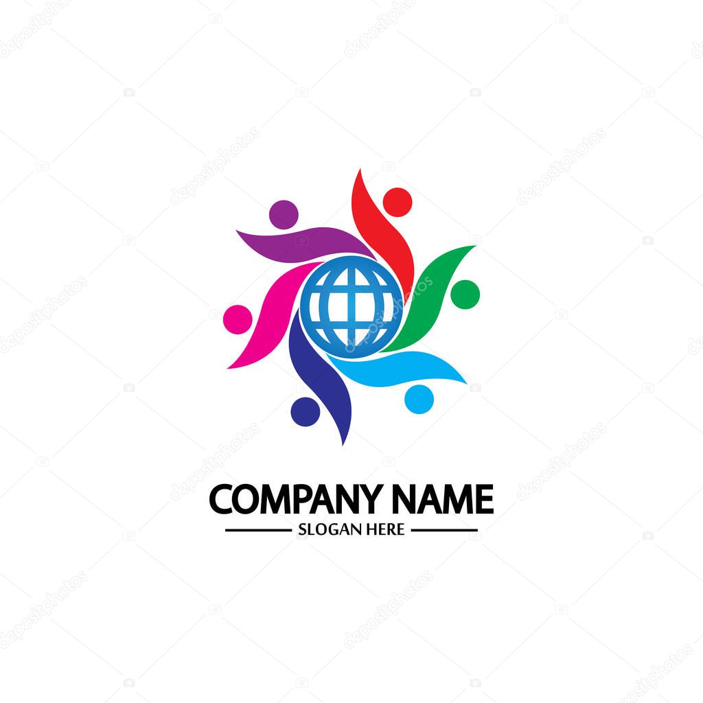 world comunity logo with people and globe illustration design vector.