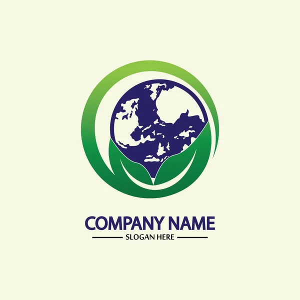 エコワールドネイチャーグローバルロゴデザインテンプレート葉のシンボルが描かれたワールドグローブアイコン ビジネス 生態学のロゴに使用できます フラットベクトルロゴデザインテンプレート要素 — ストックベクタ