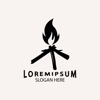Eskimiş Hipster kamp ateşi logosu koyu arkaplanda vektör çizimi. Çapraz odun ve ateş kütükleri. Klasik rozet.
